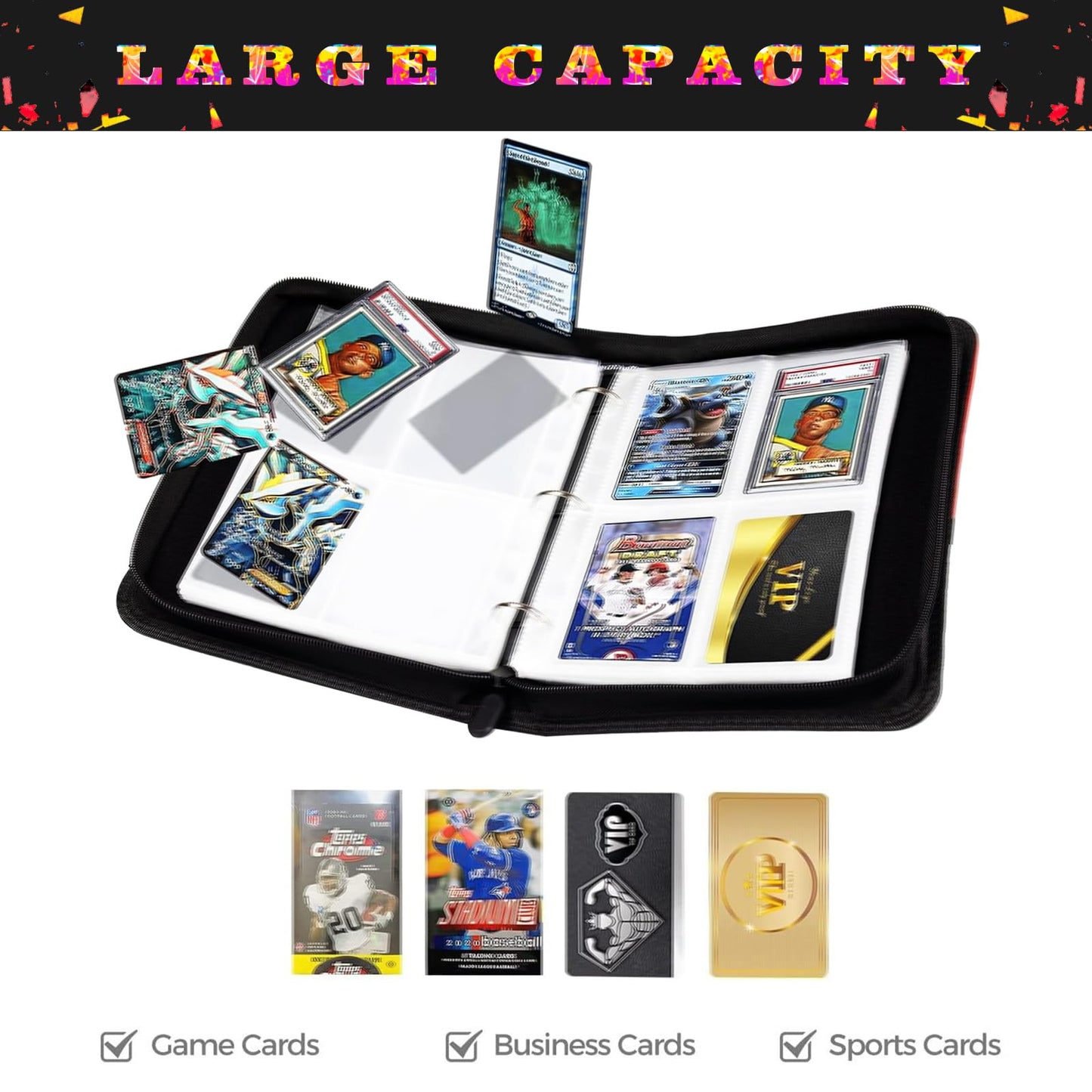 400 Pockets Sports Cards Binder,Trading Cards Holder Card Collectors Album,Trading Card Binder 4 Pocket with 50 Removable Sleeves for Football Baseball Basketball Hockey Soccer Card