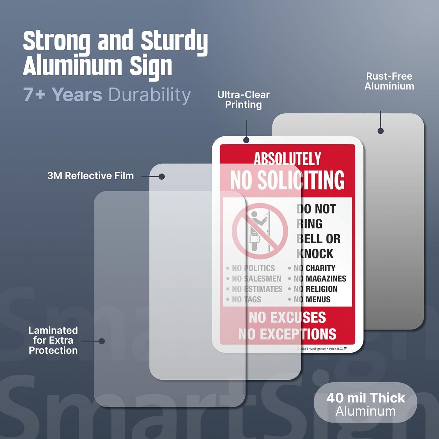 SmartSign 10" x 7" 'Absolutely No Soliciting Do Not Ring Bell No Excuses No Exceptions' Metal Sign, 40 mil Aluminum 3M Laminated Engineer Grade Reflective Material, Red/Black/White, USA-Made