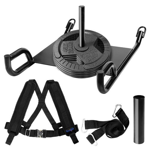 Yes4All Weighted Training Pull Sled with Vest, Steel Buckle, Fit for 1-2 Inch Plates+Tri-Grip Handles Olympic Weight Plates/Cast Iron Weight Plates, Suitable for Barbell Exercises, Strength