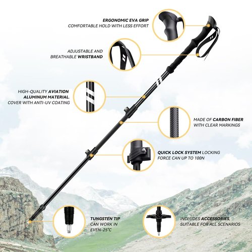 Twsitte Collapsible Hiking Poles,1 Poles Lightweight Aluminum Adjustable Walking Poles,Carbon Fiber Trekking Poles with Flip Lock and EVA Grips Suitable for All Kinds of Travel (Black)