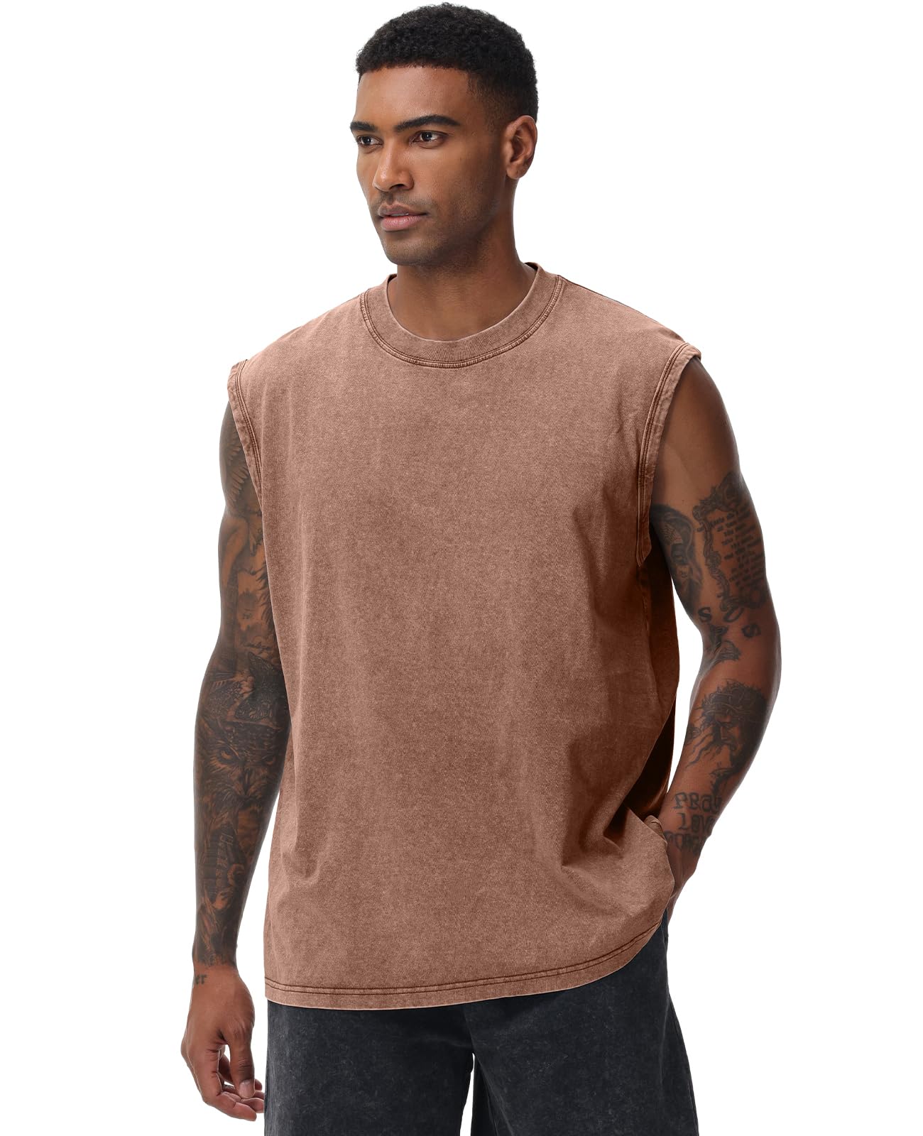 SnowElve 3 Pack Mens Workout Tank Tops Sleeveless Tee Shirts Men Muscle Shirt Gym Acid Wash T Shirts Running Beach Loose Fit Tee(ACCFBK,S)