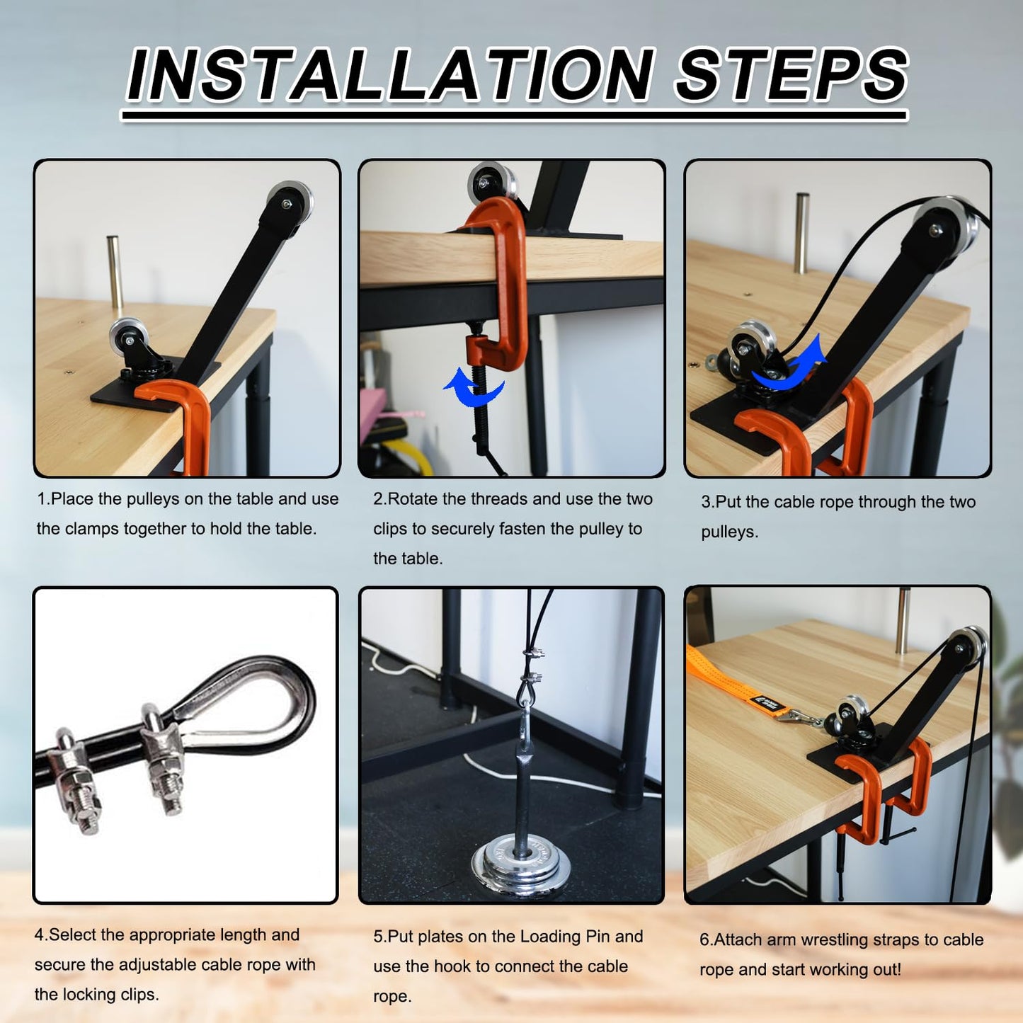 Arm Wrestling Pulley Training System Kit for Table - Professional Forearm & Wrist Strengthener with Aluminum Rotating Pulleys, Adj. 1.5m Cable, Loading Pin, Training Strap for Home Gym