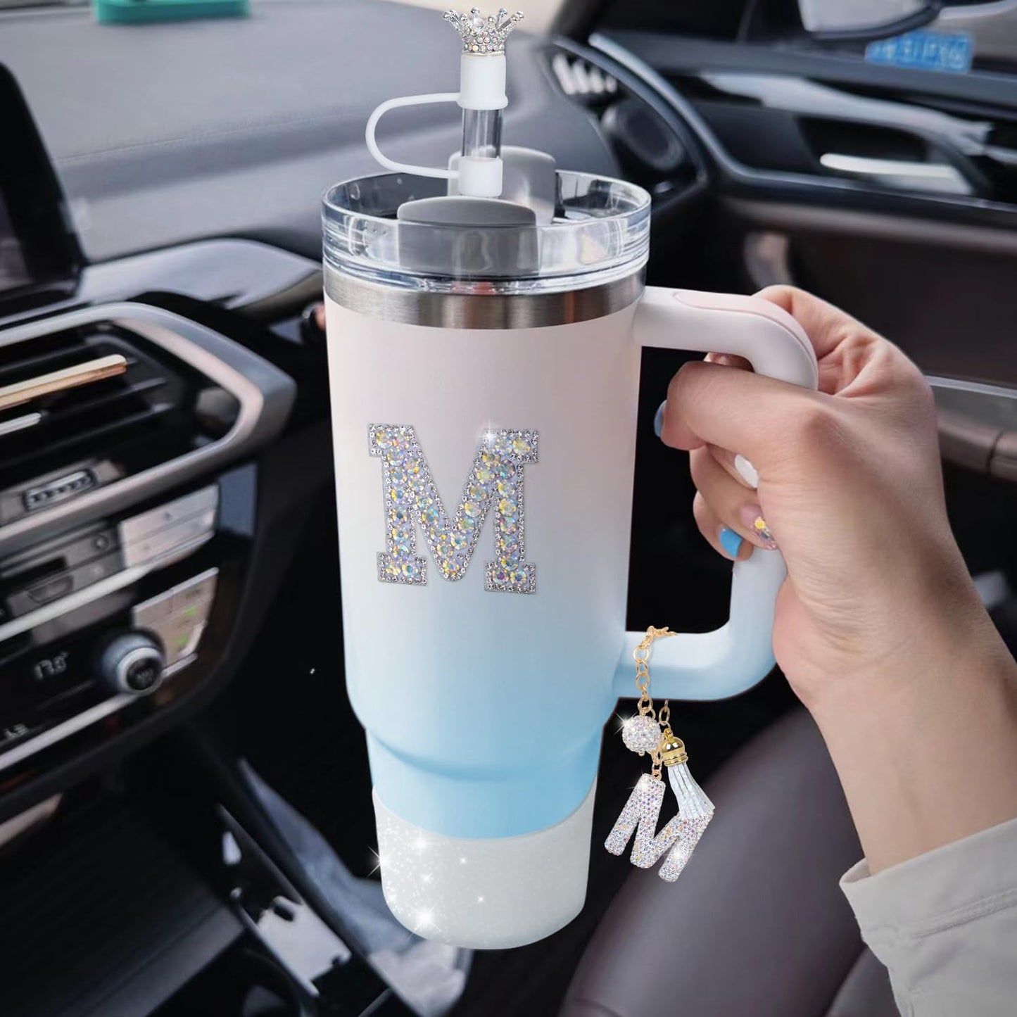 foci cozi Letter Charms for Stanley Cup Handle,Silicone Boot Accessories Charms for Stanley Cup 40oz 30oz,Crown Straw Cover Topper & Diamond Sticker(M)