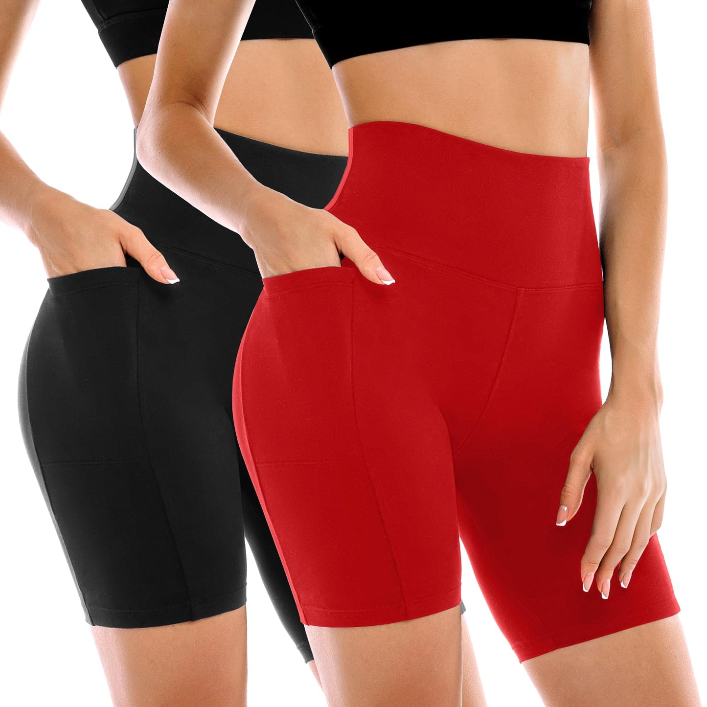 Leafigure 2 Pack Womens Biker Shorts with Pockets, High Waisted Tummy Control Yoga Shorts for Women Running Gym and Workout Black/Red XXL
