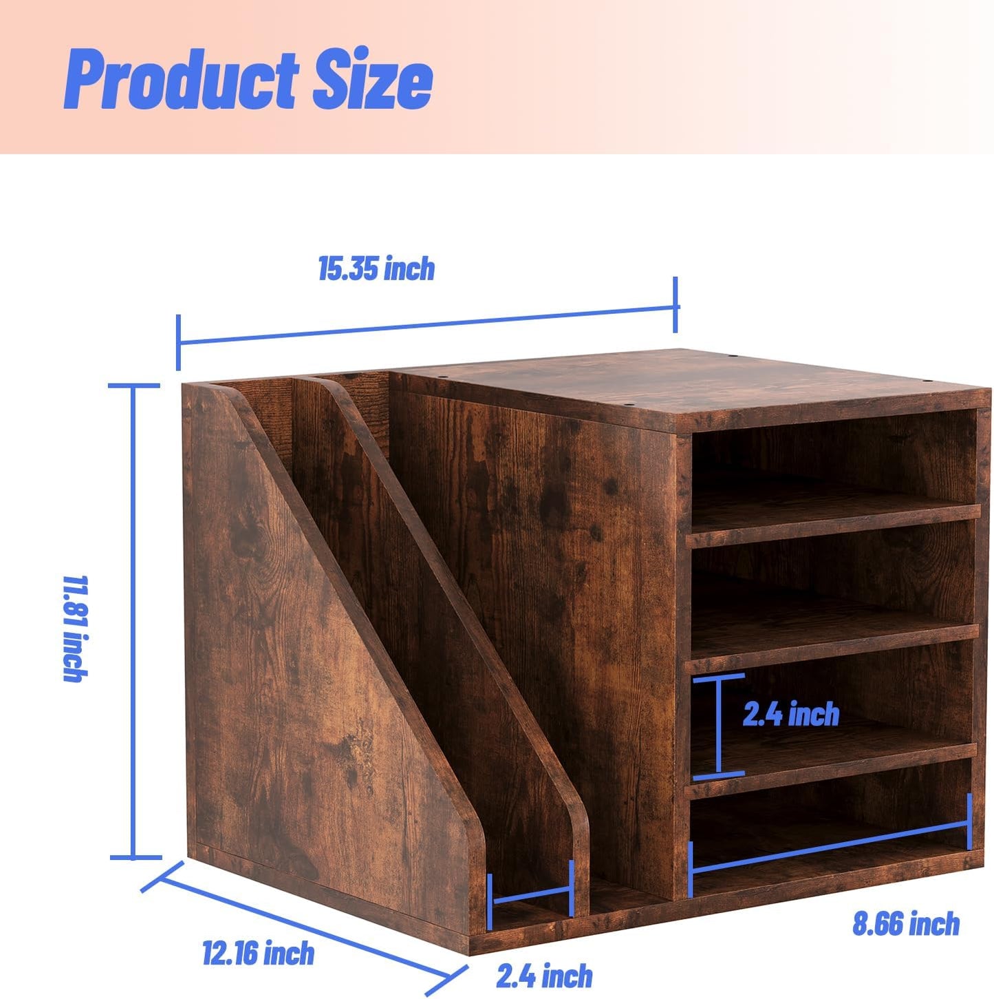 Wood Desk Organizer File Holder, Wooden Mail Organizer Countertop with Adjustable Compartments, Desktop File Organizer Paper Sorter for Home, Office and School, Envelope Organizer, Black