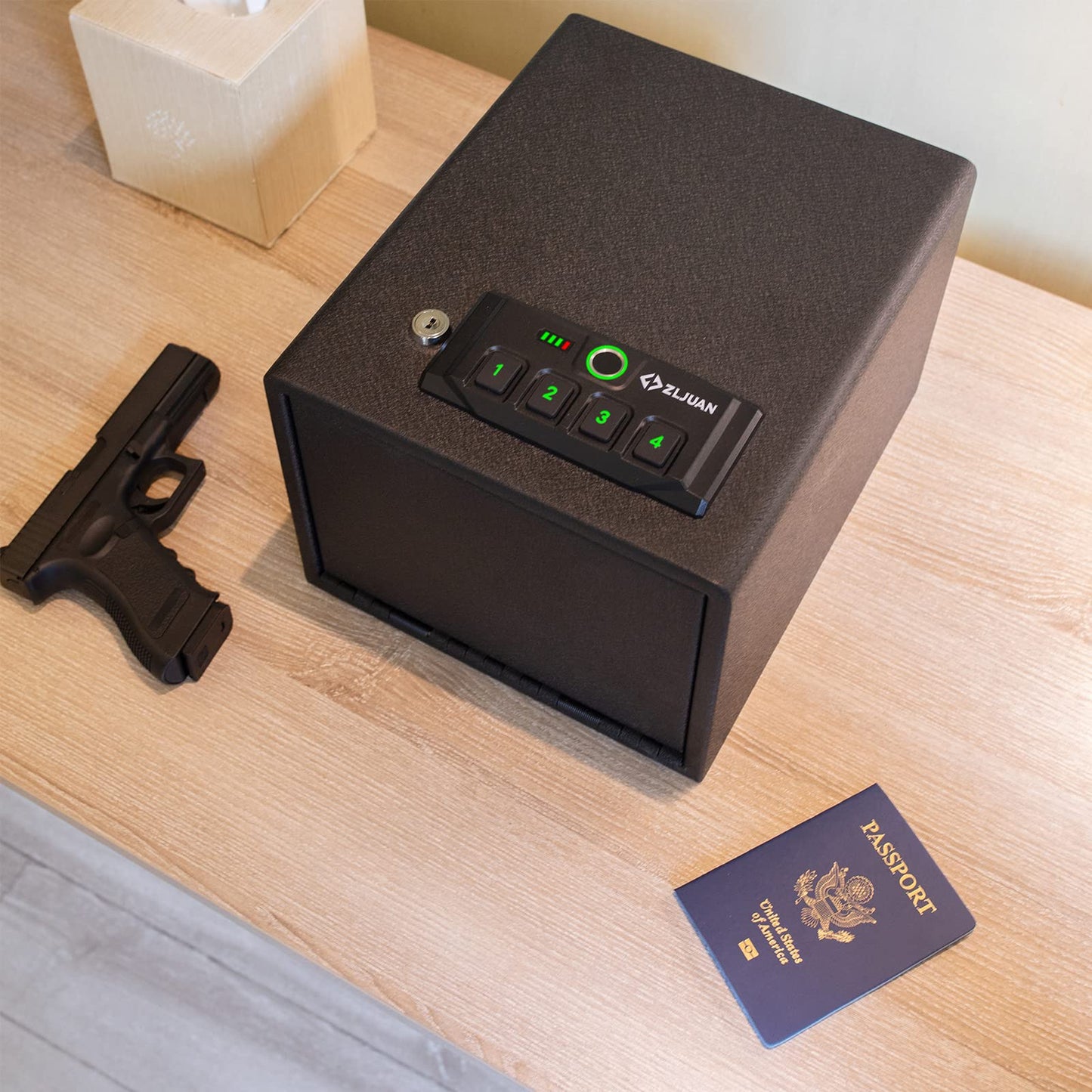 Z ZLJUAN Gun Safes for Pistols,Quick-Access Handgun Safe,Safety Device with Biometric&Digital Key Pad&Key,High Capacity Pistol Safe for Nightstand&Car&Home&Office (Black-with Backup Power Cable)