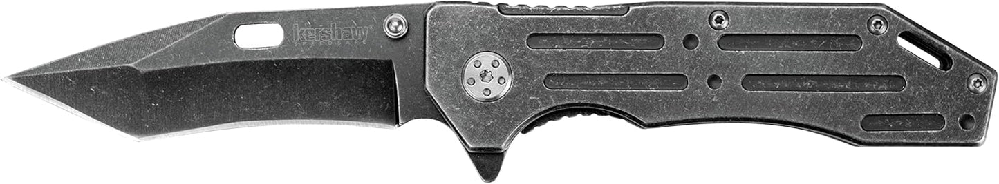 Kershaw Lifter (1302BW); Tactical Tanto Pocket Knife with 3.5 Inch 4Cr14 Steel Blackwashed Blade with Stainless Steel Blackwash Handle, SpeedSafe Assisted Opening and Deep-Carry Pocketclip; 3.2 OZ.