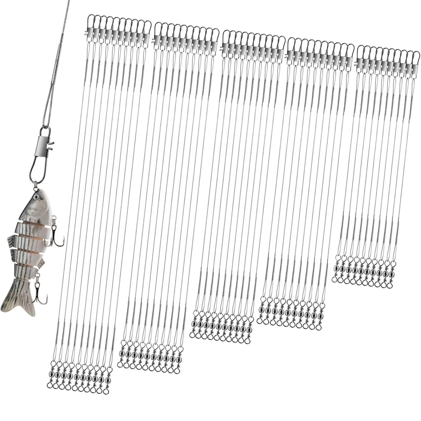 Realure 50Pcs Stainless Steel Fishing Leaders with Swivels Snap Connect Kit High Strength Fish Line Wire Leaders for Fishing Saltwater 4/6/8/10/12inch Fishing Wire Leader Line for Lure Bait Rig Hooks