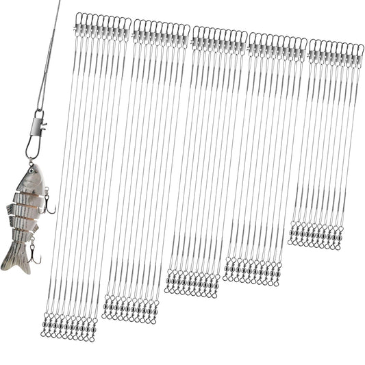 Realure 50Pcs Stainless Steel Fishing Leaders with Swivels Snap Connect Kit High Strength Fish Line Wire Leaders for Fishing Saltwater 4/6/8/10/12inch Fishing Wire Leader Line for Lure Bait Rig Hooks