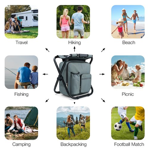 Outplea Lightweight Folding Backpack Stool with Cooler, Beach Fishing Cooler Chairs Backpack for Adults, Gray