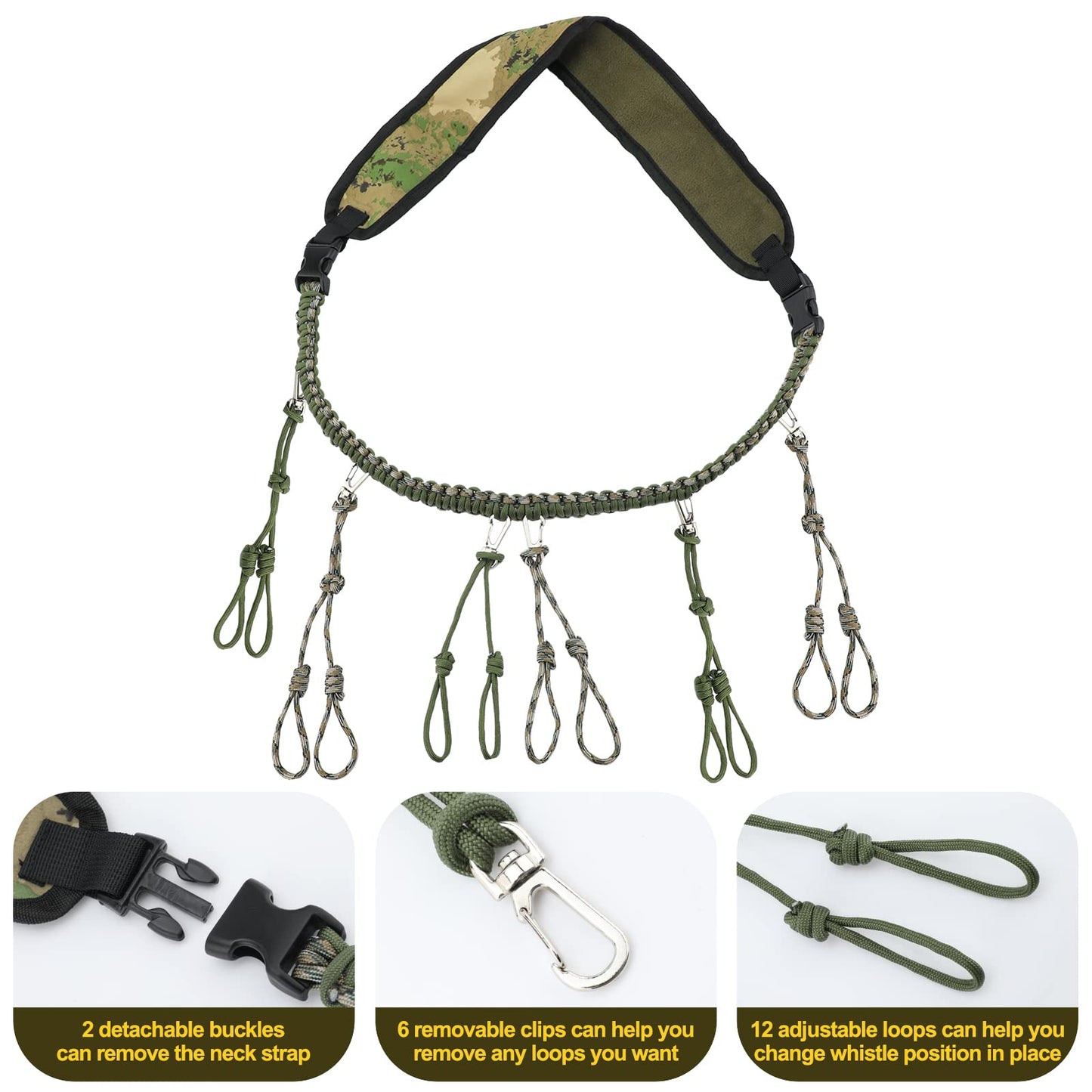 iHoven Military Grade Duck Call Lanyard - 550LB Paracord with 12 Adjustable Loops for Goose Calls, Predator Calls, Deer Calls & Dog Whistles | Perfect Hunting Accessory