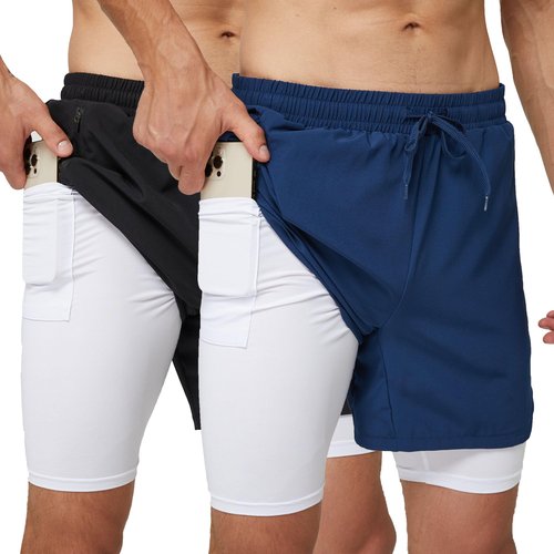 frueo 2 Pack 2 in 1 Mens Running Shorts Quick Dry Workout Gym Shorts Lightweight Sport Athletic Shorts with Zipper Pocket Compression Base Liner Training Bodybuilding Short（0609） NM