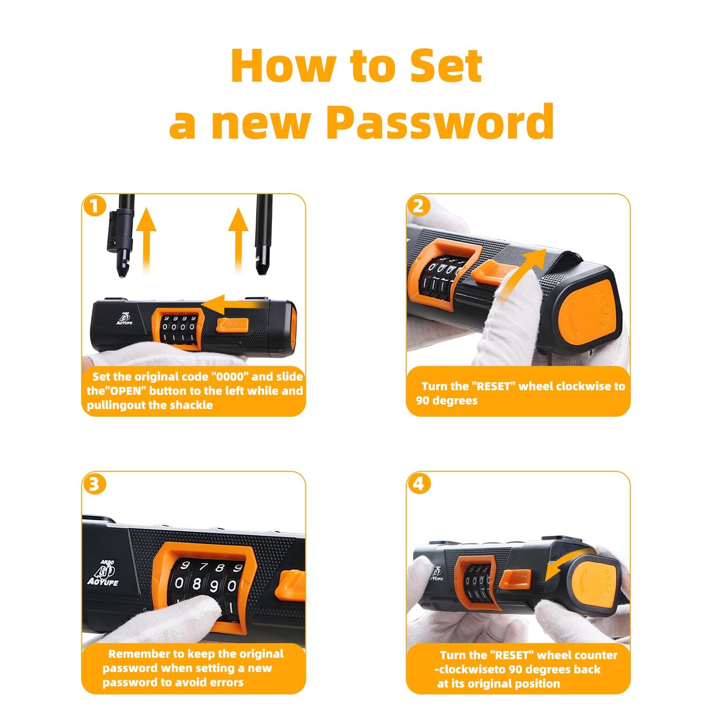 Akso Aoyupe Black Silicone 4-Digit Resettable Combination Heavy Duty Anti-Theft Locks,Keyless Lock for Outdoor,U-Lock with Sturdy Mounting Bracket，for Motorcycle, Ebikes（1 Set）