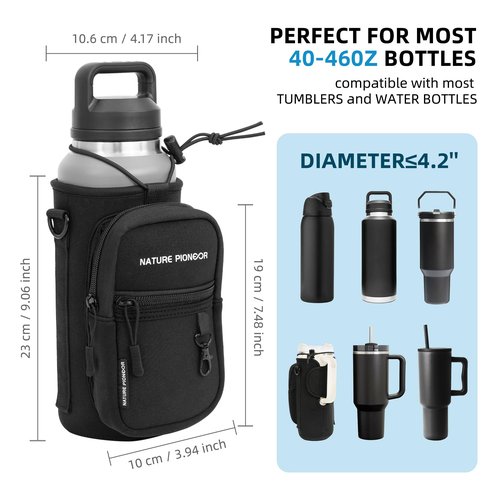 NATURE PIONEOR Water Bottle Holder with Strap,Water Bottle Carrier Bag Sling Sleeve with Adjustable Shoulder Strap & Handle and Large Phone Pocket for Walking,Hiking,Travelling for 25oz/32oz/40oz/64oz