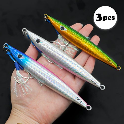 FREGITO Fishing Jigs Vertical Saltwater Jigs Vertical Jigging Spoon Fishing Tuna Lures Boat Fishing Artificial Lures for Tuna, Grouper, Dogtooth, Snapper, Bass, Salmon 3pcs-(120g/150g/180g)