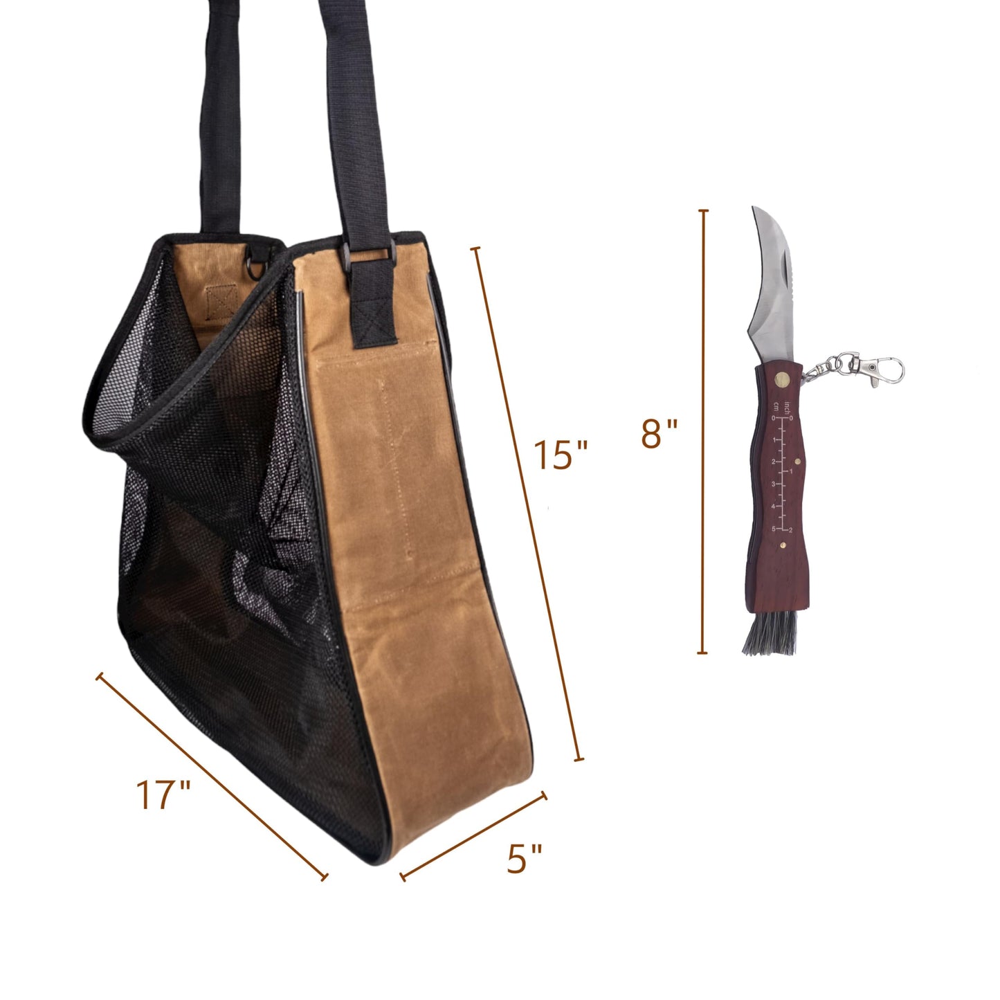 Earth Biome Large Waxed Canvas and Mesh Mushroom Foraging Kit with Pockets | Fruit Picking Bag for harvesting fruit and vegetables | Farmers Market Bag (Carob with Redwood Knife)