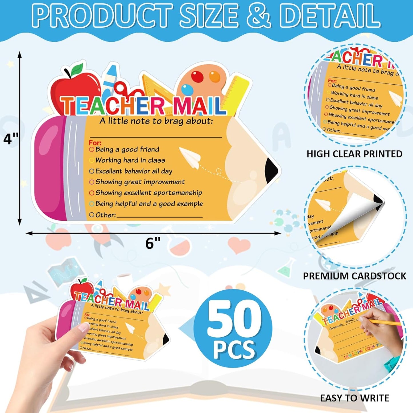 50Pcs Teacher Mail Notes to Parents, Smiley Face Happy Mail Postcards Classroom Good Behavior Incentive Motivational Cards to Send Home for Preschool Kindergarten Elementary School Teacher Supplies