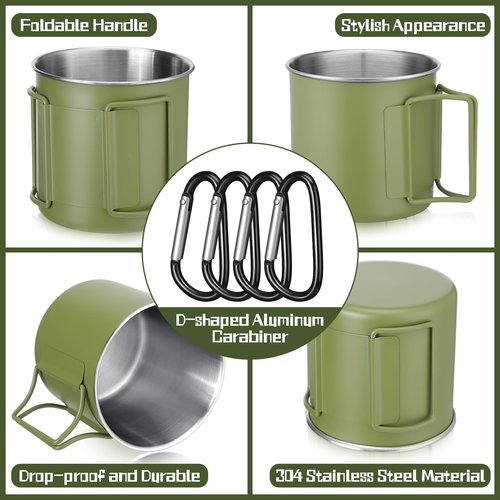 Zhehao 12 oz Camping Mugs Set of 4 Metal Camping Coffee Cups Stainless Steel Cups with Folding Handles D Ring Portable Backpacking Mugs Travel for Outdoor Hiking Climbing Picnic Party