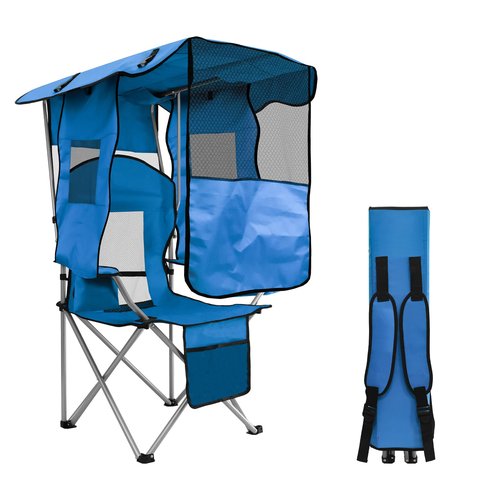 MKSY Beach Chair with Canopy Shade, Folding Camping Chair Support to 330LBS, Outdoor Chair with Cup Holder & Cooler Bag for Travel Hiking,Fishing(Blue)