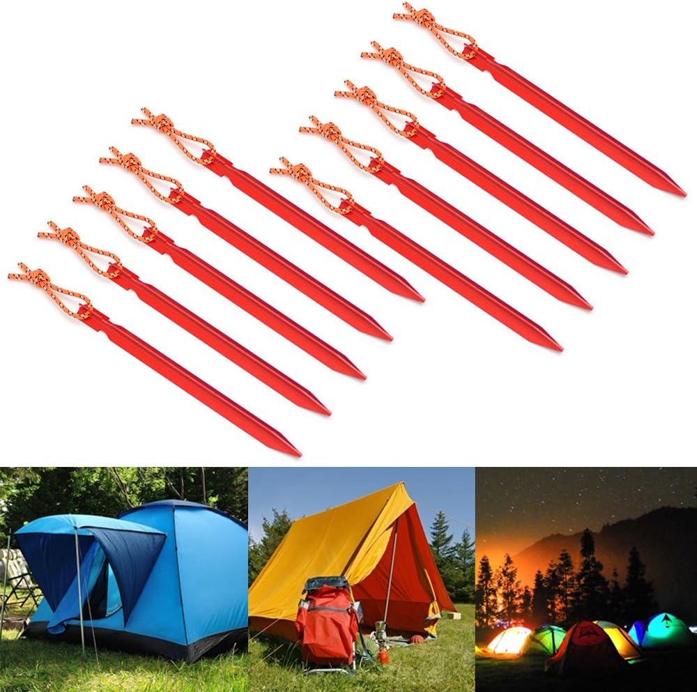 SourceTon 10 Pack Tent Stakes with 4 Reflective Guy Lines - 7075 Aluminum Lightweight Rust-Free Camping Pegs for All Terrains, Includes Adjustable Cord & Carry Pouch (7" Heavy Duty)