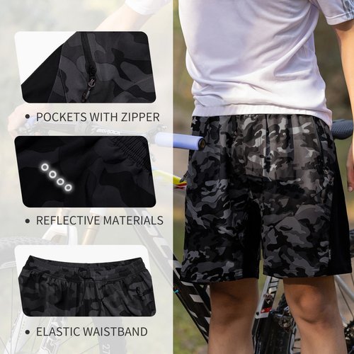 Santic Men's Mountain Bike Shorts Padded Pack of Two Cycling Shorts with Liner Loose-fit Stretchy Zipper Pockets Bicycle MTB Shorts Trail Camo Black S