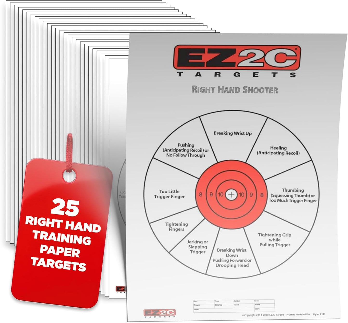 USA Made EZ2C Right Hand/Left Hand Shooting Range Diagnostic Training Paper Target 11"x17" Tear-Off Pad of 25
