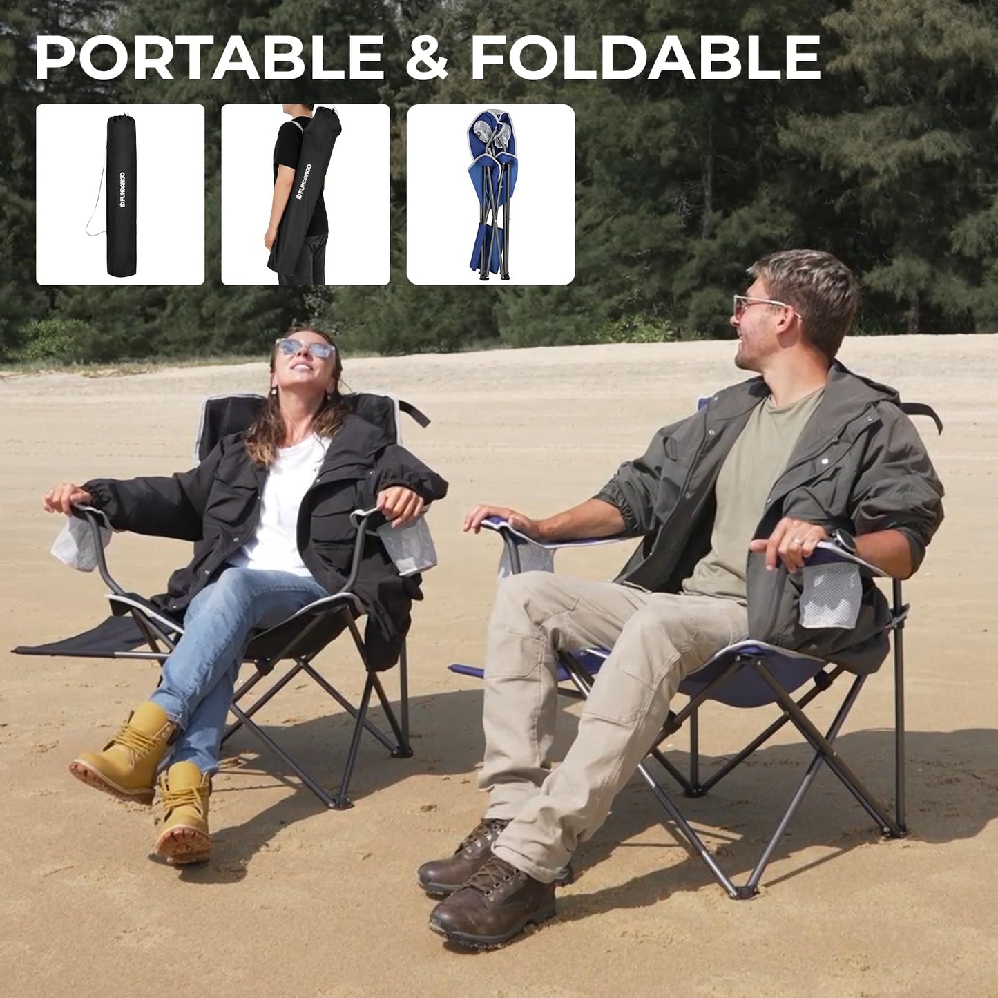 FUNDANGO Folding Camping Chair with Table, Portable Heavy Duty Outdoor Padded Chairs for Adults with Cup Holders for Lawn Beach Picnic Outside Travel (Blue)