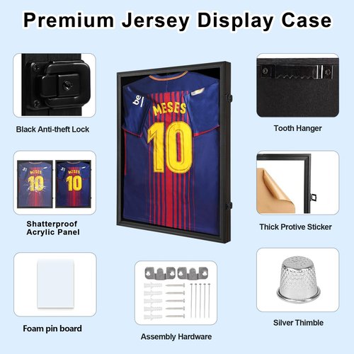 Sboitflmm Jersey Frame Display Case - Football Jersey Display Frame - Lockable Jersey Shadow Box with UV Protection Acrylic Door and Hanger for Hockey Soccer Basketball Baseball Shirts, Black