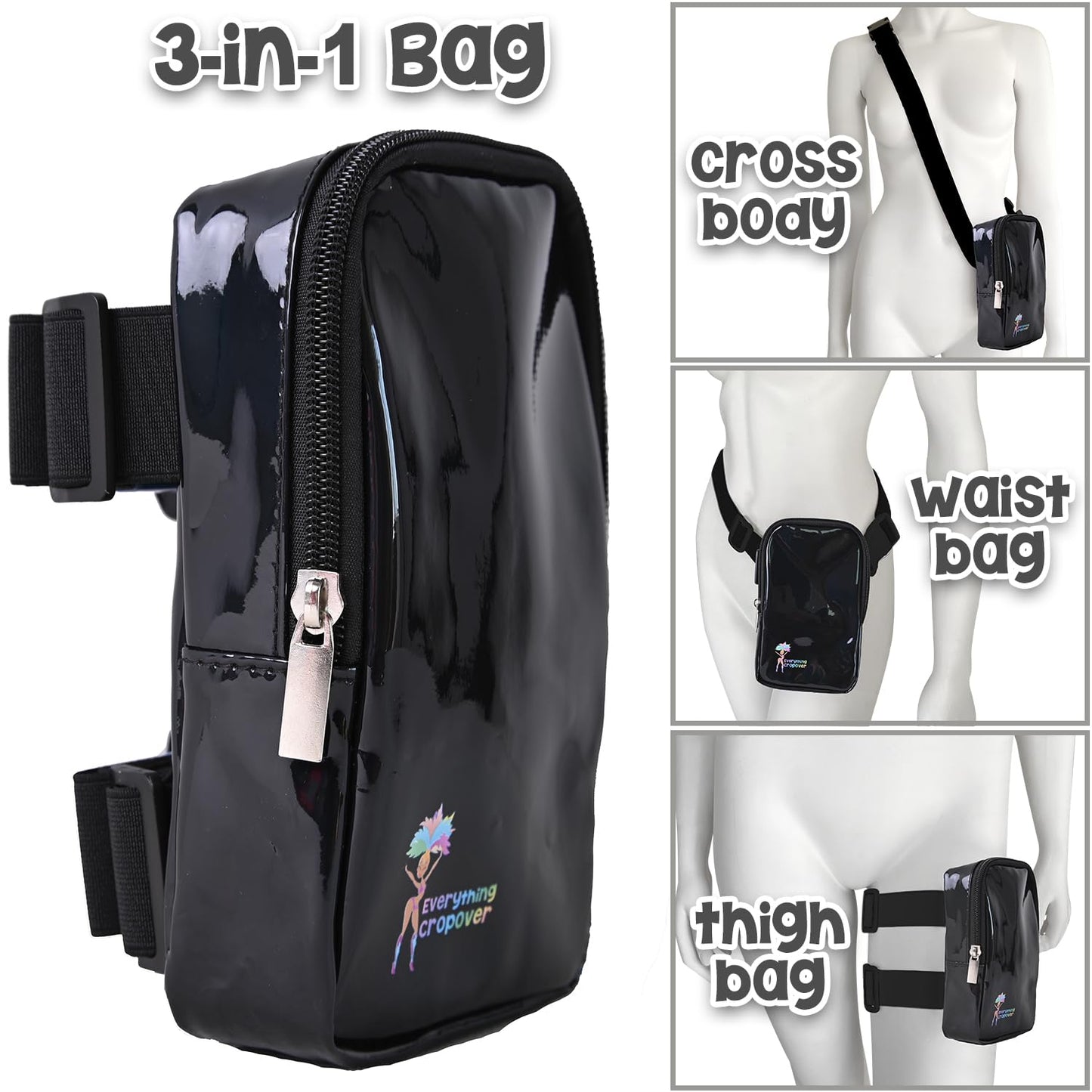 3-IN-1 Thigh Bag Fanny Pack Crossbody Bag | Carnival Leg Harness for Women | Holographic Waist Bag | Rave Leg Pack with Buckles | Black