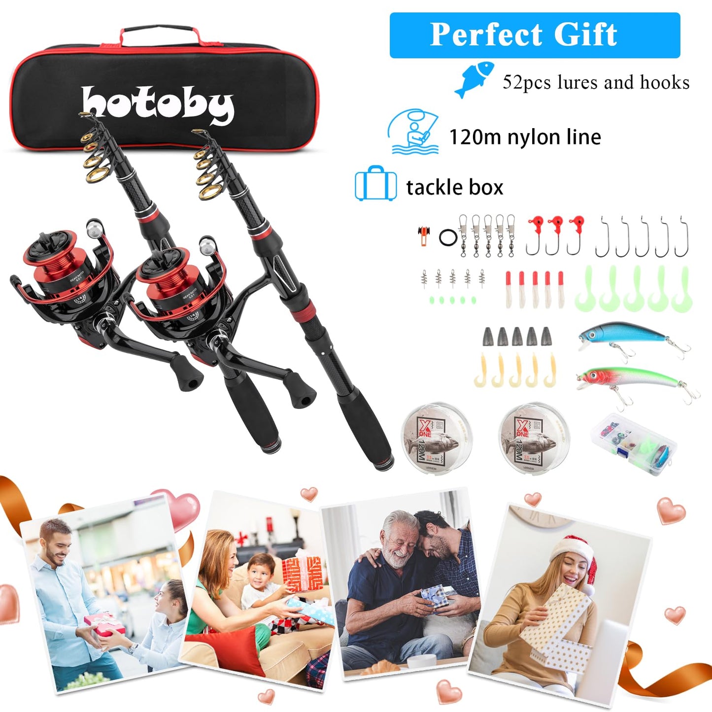 Fishing Rod and Reel Combos, 2PCS 2.1m/6.89ft Fishing Pole Combo Set, Carbon Fiber Telescopic Fishing Rod Kit with Spinning Reels, Fishing Line, Lures, Hooks and Carrier Bag for Youth Adults Beginner