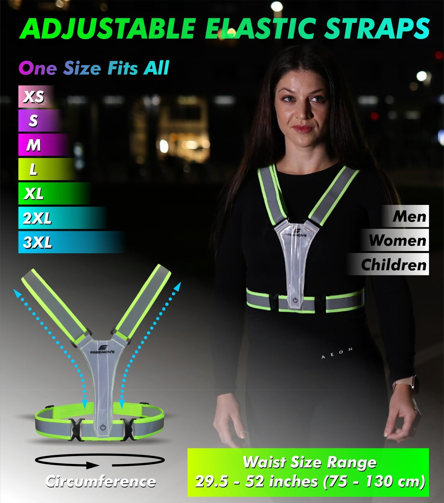 FREEMOVE LED Reflective Running Light-Up Vest, USB Rechargeable, Fully Adjustable, Highly Visible Running Reflective Safety Gear, for Night Running, Cycling, Biking, Walking for Men, Women and Kids