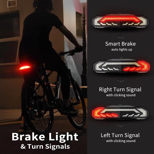 WSDCAM Smart Bike Seat Tail Light with Turn Signals and Brake Light, Bicycle Alarm Horn with Remote, Rechargeable Alarm, Auto ON/Off, IP65 Waterproof, High Intensity Rear Accessories Fits Any Bike