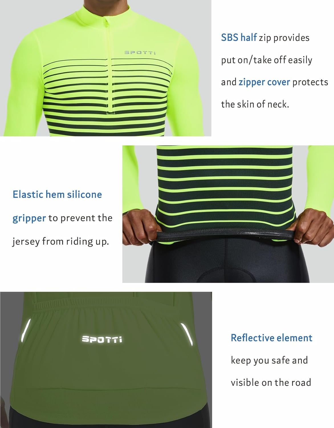 Spotti Men's Cycling Bike Jersey Long Sleeve with 3 Rear Pockets - Moisture Wicking, Breathable, Quick Dry Biking Shirt