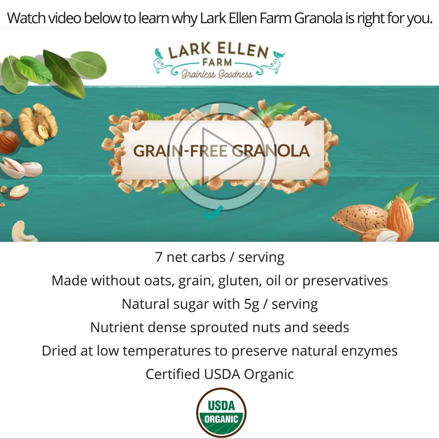 Lark Ellen Farm Cacao Cherry Grain-Free Granola Clusters, Organic Vegan Nut and Seed Mix, Gluten-Free Crunchy Bites for Snack, Breakfast, or Yogurt, 8 oz, 6 pack