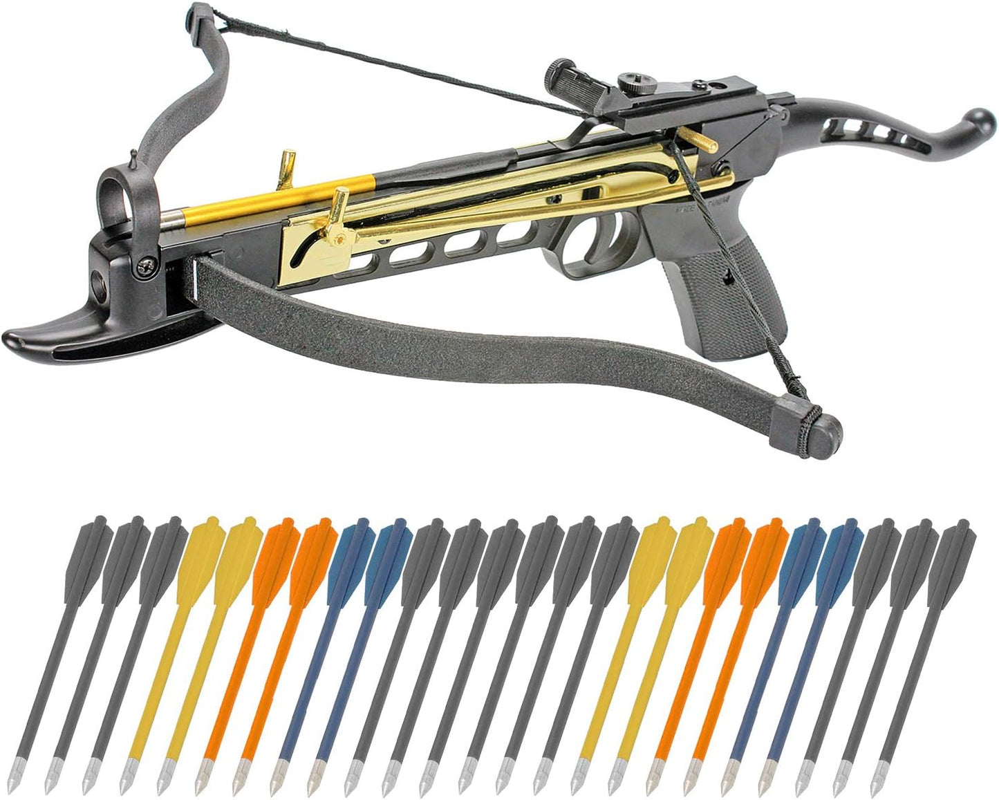 Crossbow Pistol Self Cocking 80 LBS with Adjustable Sights, Aluminum Arrow Bolts, and Safety Feature