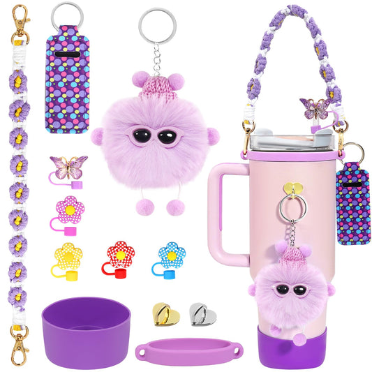 12PCS Stanley Cup Accessories Set,Decoration, Include Water Bottle Handle Strap, Boot, Straw Cover, Chapstick Holder, Charm for Stanley Cup 40oz30oz Tumbler,Purple