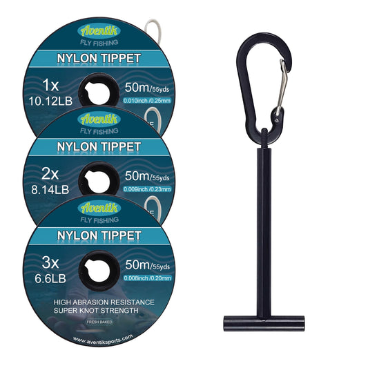 Aventik Fly Fishing Tippet Line Fresh Baked with Holder Invisible Bass Fishing Carp Saltwater Leader 3 or 4 Packs(50m Fly Tippet, 1X+2X+3X+Tippet Holder)