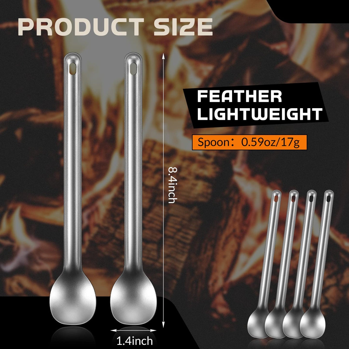 Hoolerry 4 Pieces Camping Spoon Long Handle Titanium Spoon Lightweight Ultralight Portable Flatware Soup Utensil for Outdoor Camping Backpacking Hiking Travel Picnic(Silver)