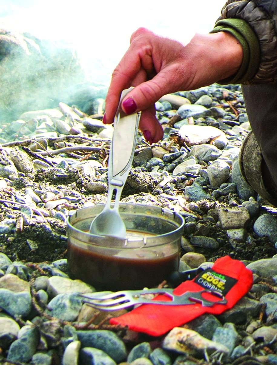 OUTDOOR EDGE Chowlite - Mealtime Multitool with Folding/Locking Fork, Spoon, Bottle Opener, Can Opener and Screwdriver - 100% Stainless Steel - Perfect for Camping, Hiking, Backpacking and Hunting