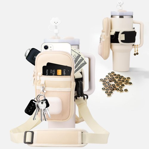 Water Bottle Holder with Strap Water Bottle Pouch for Stanley 40oz/30oz Tumbler Water Bottle Carrier Purse with Phone & Earphone Pocket for Stanley Cup Accessories with Straw Cover，A-Z Letter Charms