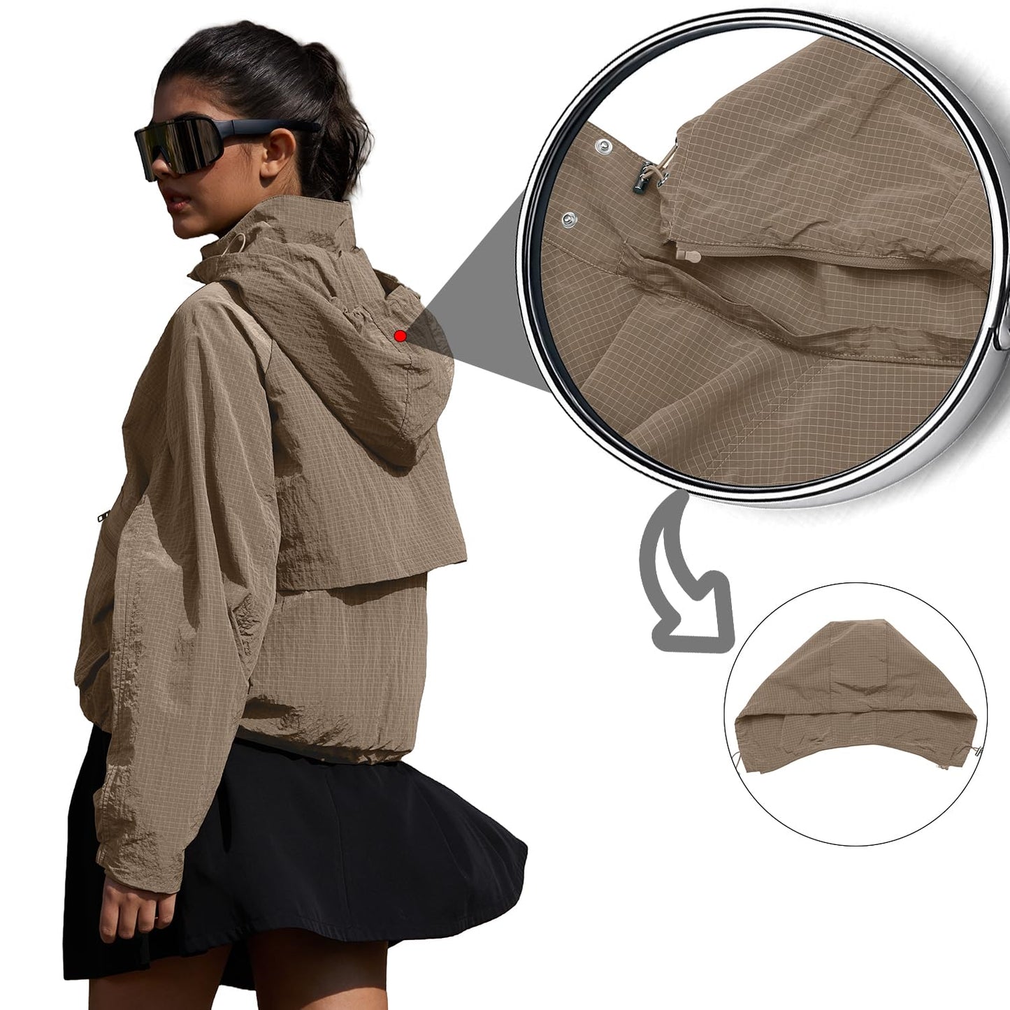 PESION Women's Waterproof Rain Jacket Lightweight Hooded Raincoat for Hiking Travel Outdoor, Khaki, Medium