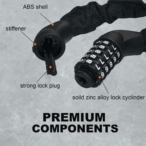 Rifarter Bike Lock Chain, 5 Digit Combination Heavy Duty Anti-Theft Bicycle Chain Lock, 3.2 Feet Long Security Resettable Bike Locks for Road, Mountain Bike, Scooter, Door, Gate, Fence, Black