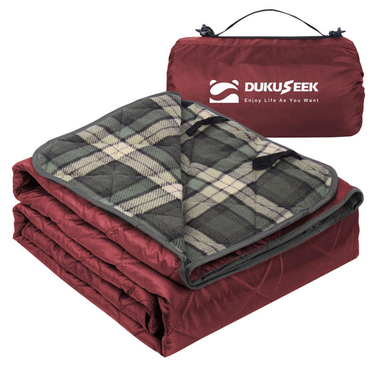 DUKUSEEK Waterproof Camping Blanket with Super Thick Fleece Lining, Large Outdoor Blanket Windproof with Foldable Hood for Camping Stadium Sporting Events,79"x 58"