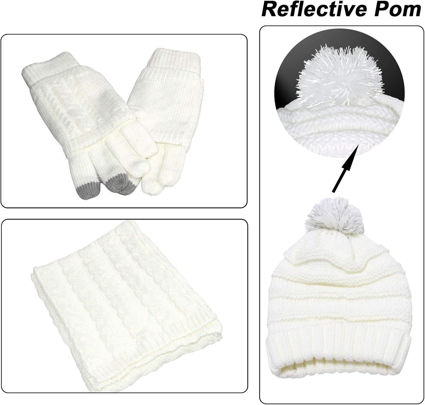 Winter Hat Gloves Scarf Set for Women, Cable Knit Beanie Pom Cap Touch Screen Glove Long Scarf 3PCS Winter Gift for Women Men
