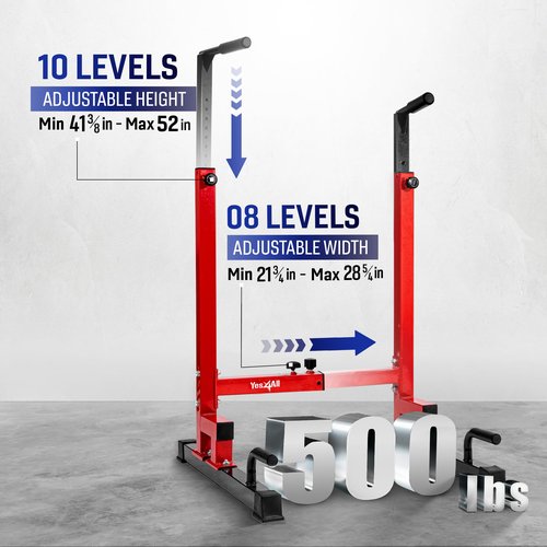 Yes4All Dip Stand 500 LBS Capacity, 80 Levels Adjustable Dip Bars, Dip Station Machine for Home Gym - Red & Black