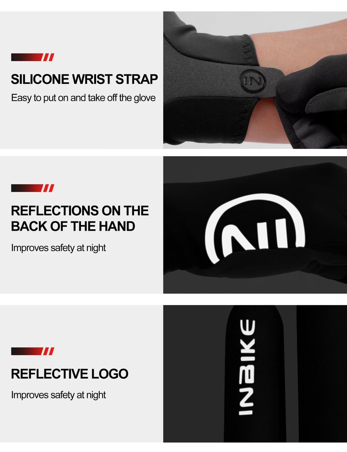 INBIKE Breathable Full Finger Bike Gloves for Men Women, Gel Pad Cycling Touchscreen Mountain Biking Gloves, Reflective Anti-Slip Workout Bicycle Gloves Black XX-Large