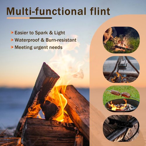 SET007 Oversized Flint & Steel Fire Starter Kit - 5" x 1/2" Ferro Rod, Large Ferro Rod Striker for Camping Emergency,25,000+ Sparks,550 Paracord Landyard, Drilled Flint for Survival, Hiking, Black