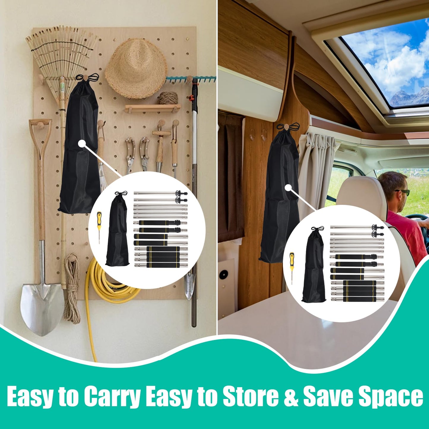 Frebuta Tarp Poles,Tent Poles Set of 2 2ft to 9.5ft Replacement Canopy Poles Heavy Duty Telescoping Tent Poles for Tarp Outdoor Camping Awning Poles Adjustable Sturdy Durable Shade Cloth Poles