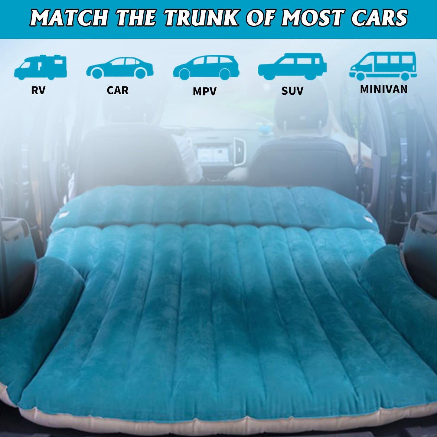 JESTMOTOR SUV Air Mattress Thickened and Double-Sided Flocking Travel Foldable Camping Bed for SUV Rear Seat and Trunk Camping Pickup Truck Bed Air Mattress, 76x51x4.7Inch (White Blue)