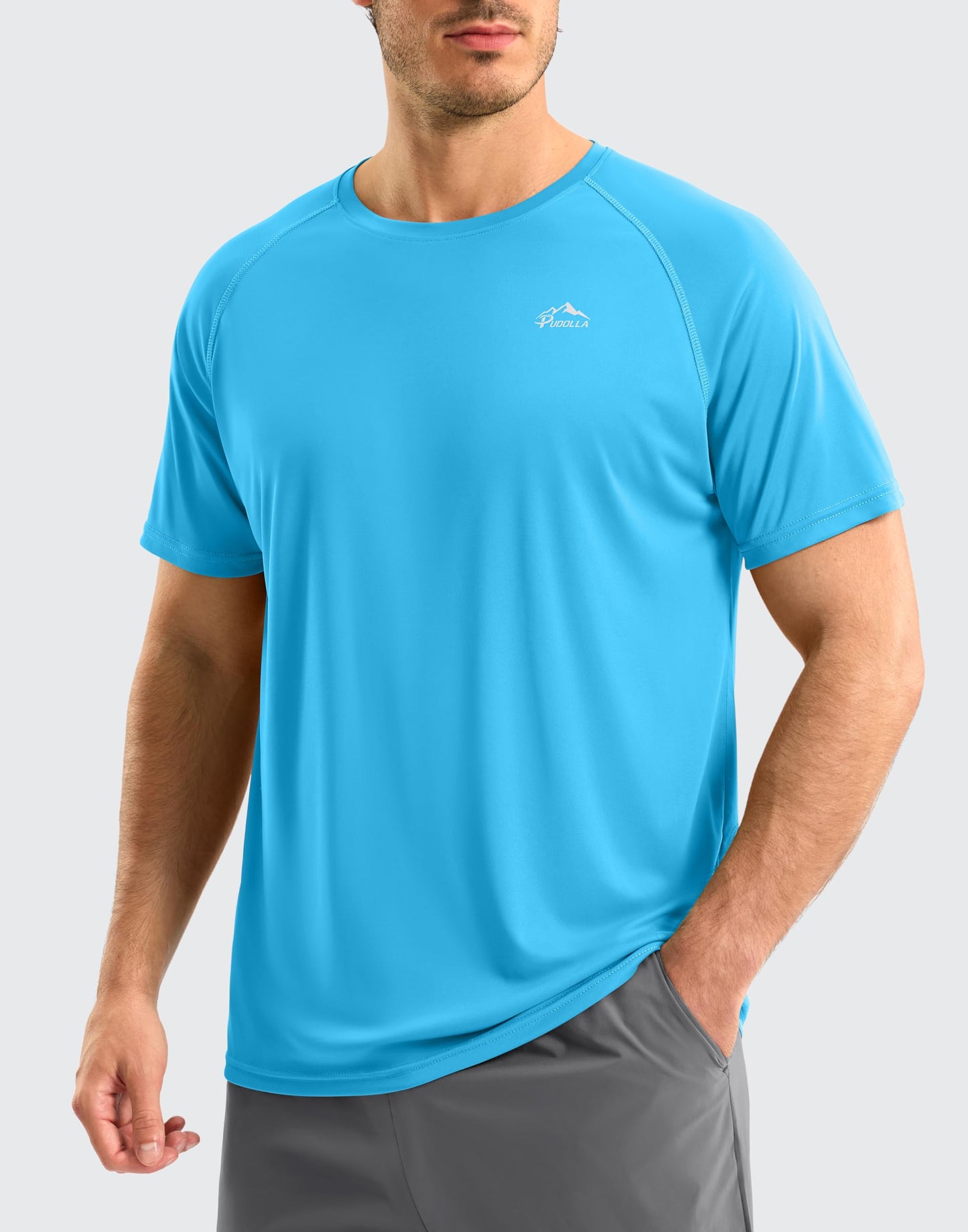 Pudolla Men's Rashguard Swim Shirts Short Sleeve UPF 50+ Sun Protection SPF Quick Dry Water Shirt(Sky Blue M)